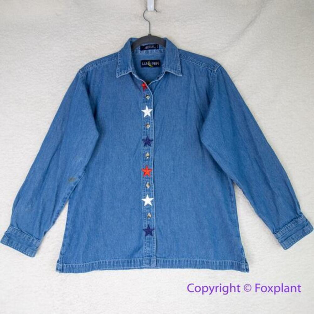 Vintage Luna Pier *stained" long sleeve jean shirt Independence Day,‎ size M